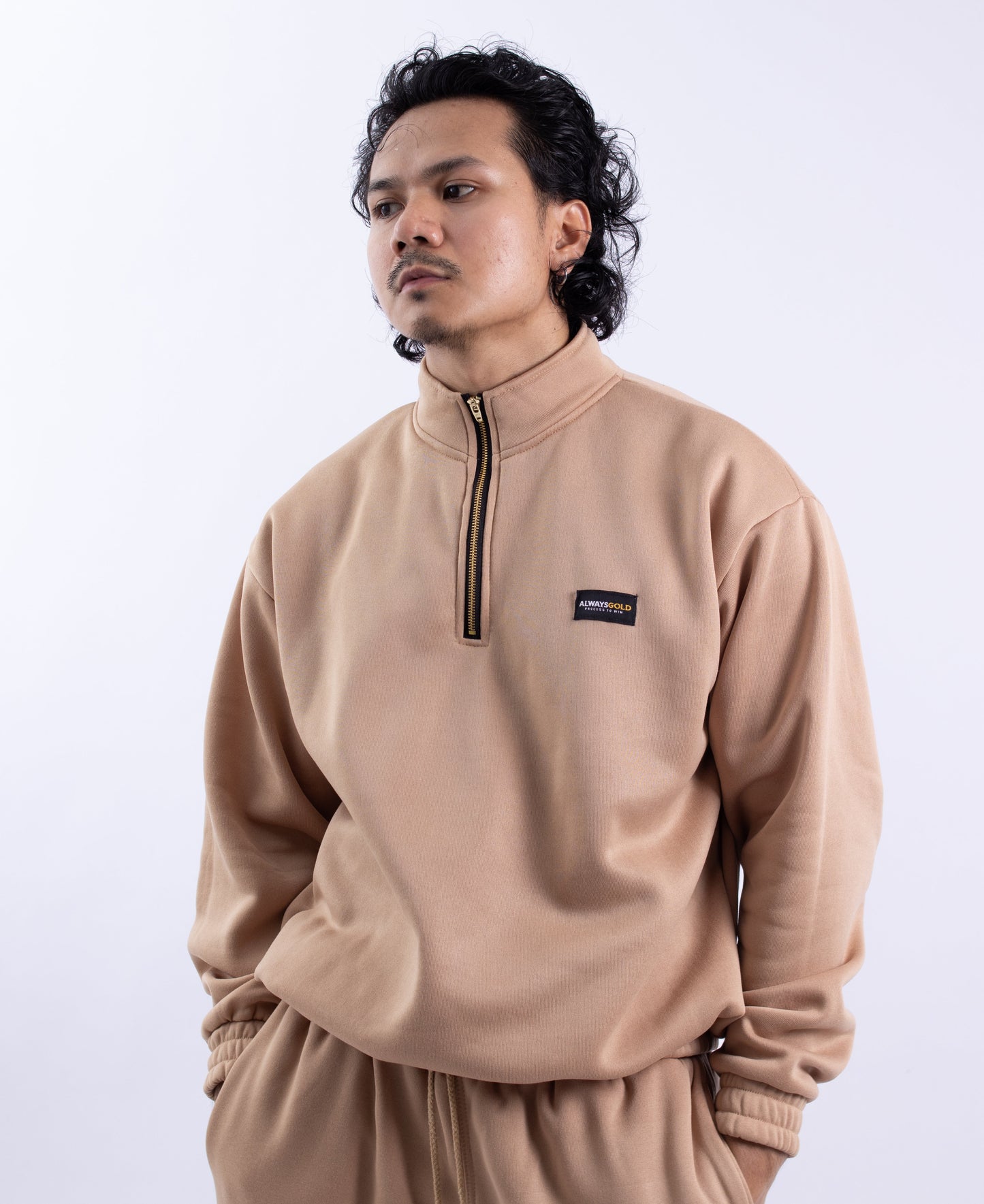Half zipper High Collar Sweatshirt Longsleeve Sweater on KHAKI