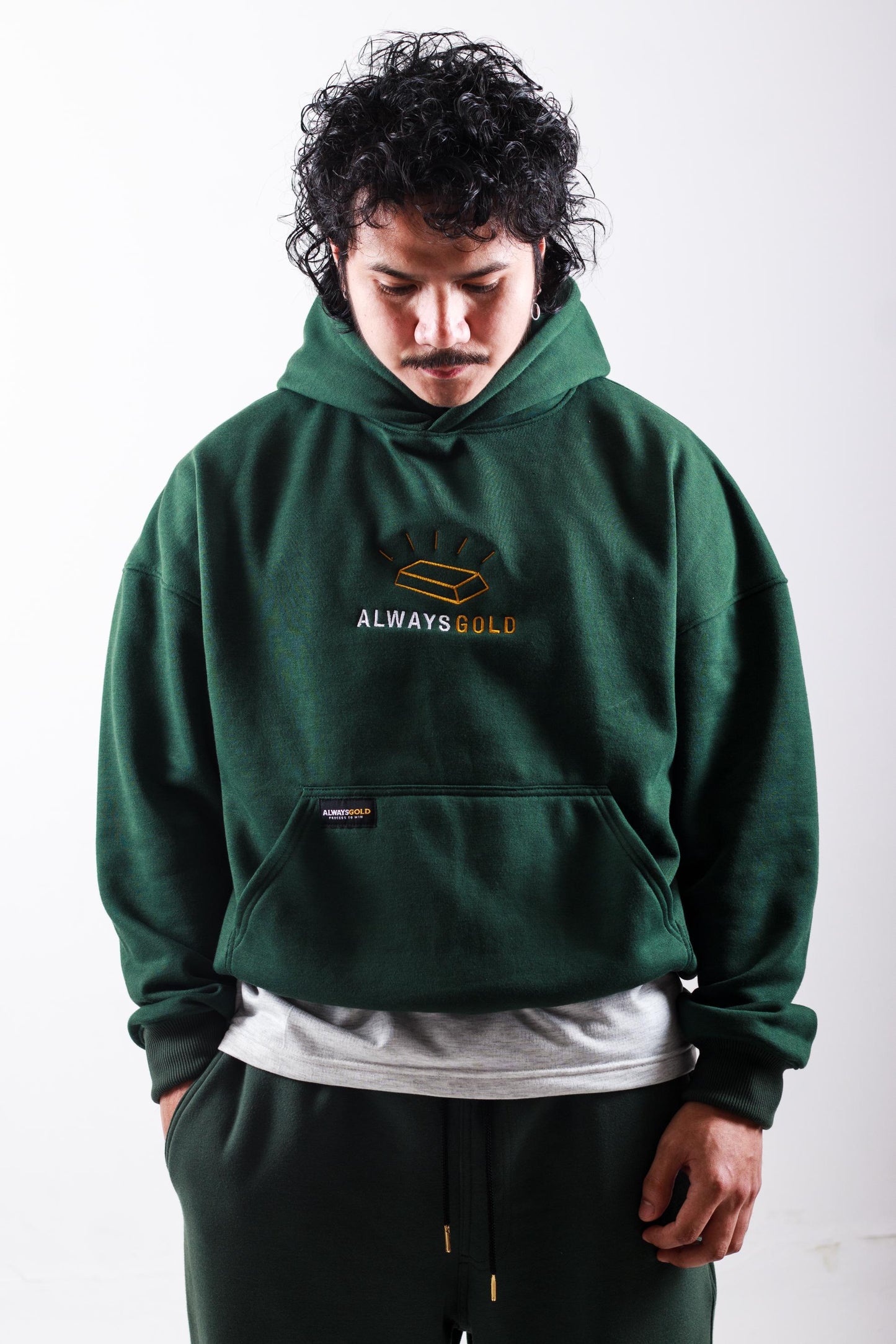GOLD EMBRO HOODIE IN ARMY GREEN