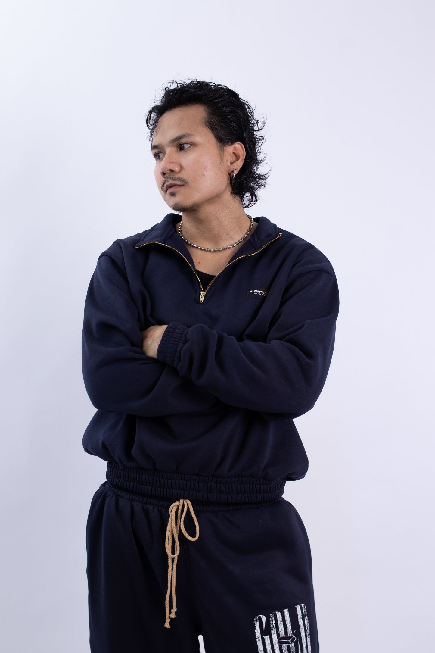 Half zipper High Collar Sweatshirt Longsleeve Sweater on NAVY BLUE