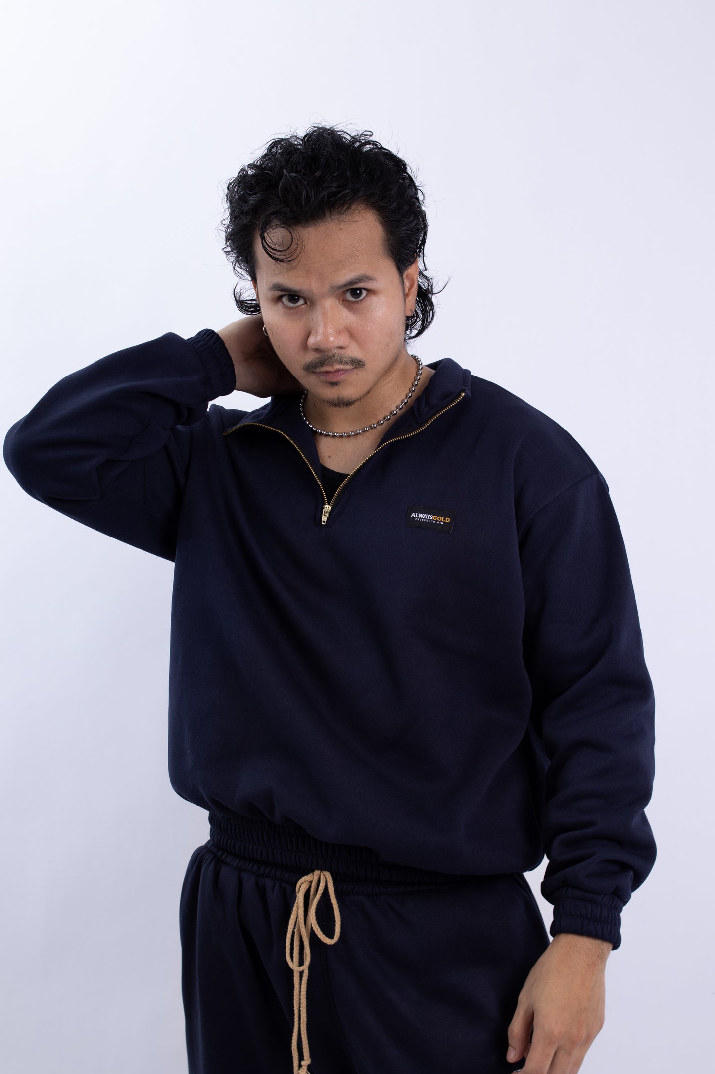 Half zipper High Collar Sweatshirt Longsleeve Sweater on NAVY BLUE