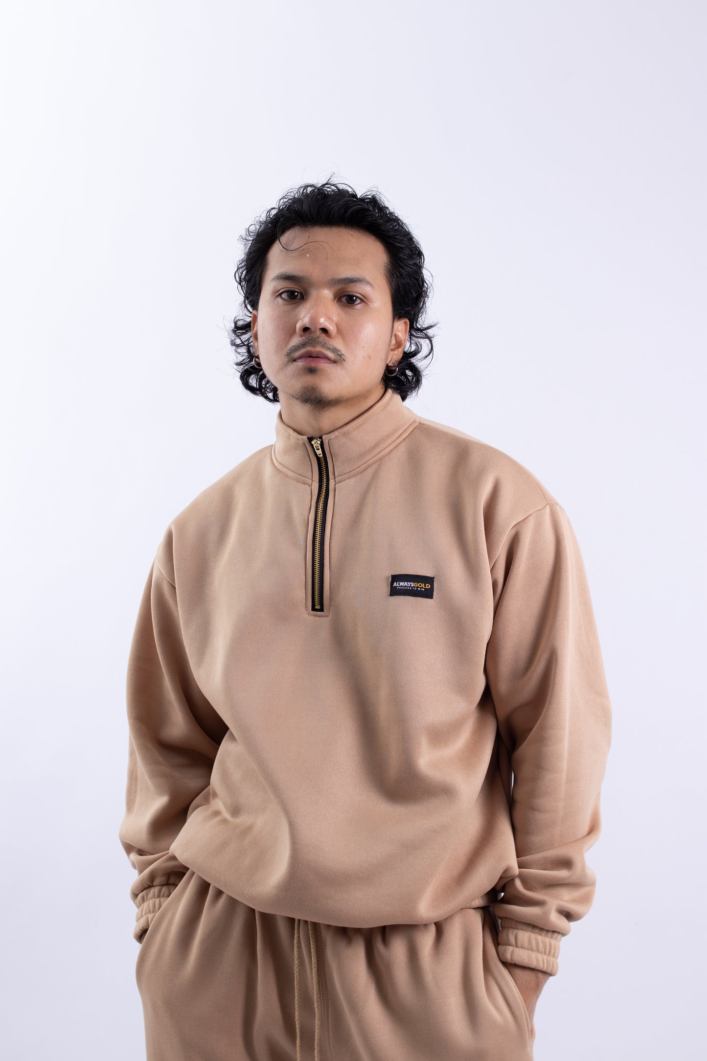 Half zipper High Collar Sweatshirt Longsleeve Sweater on KHAKI