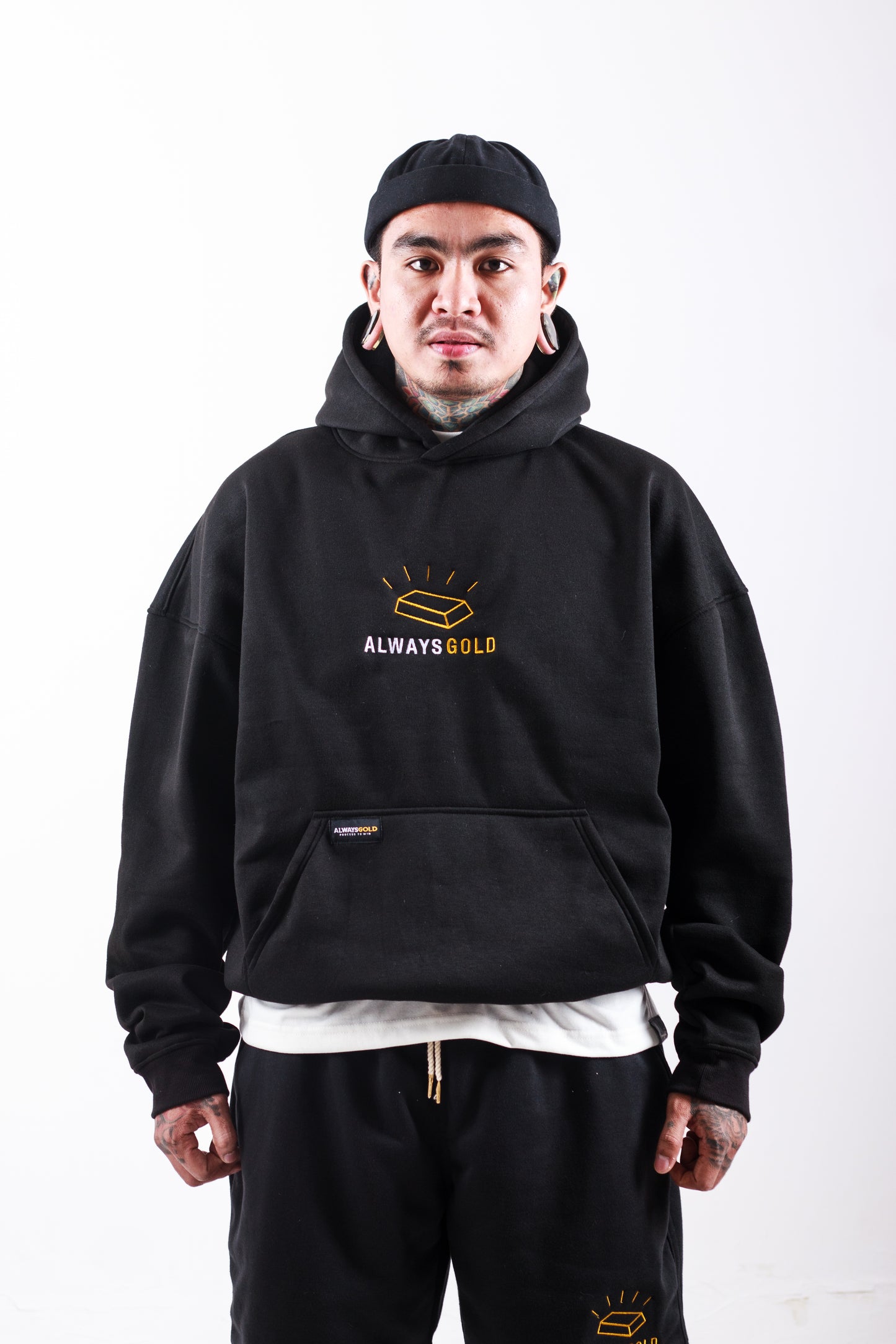 GOLD EMBRO HOODIE IN BLACK