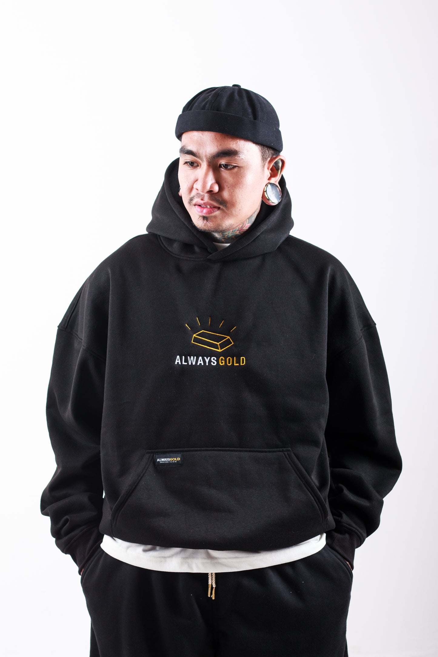 GOLD EMBRO HOODIE IN BLACK